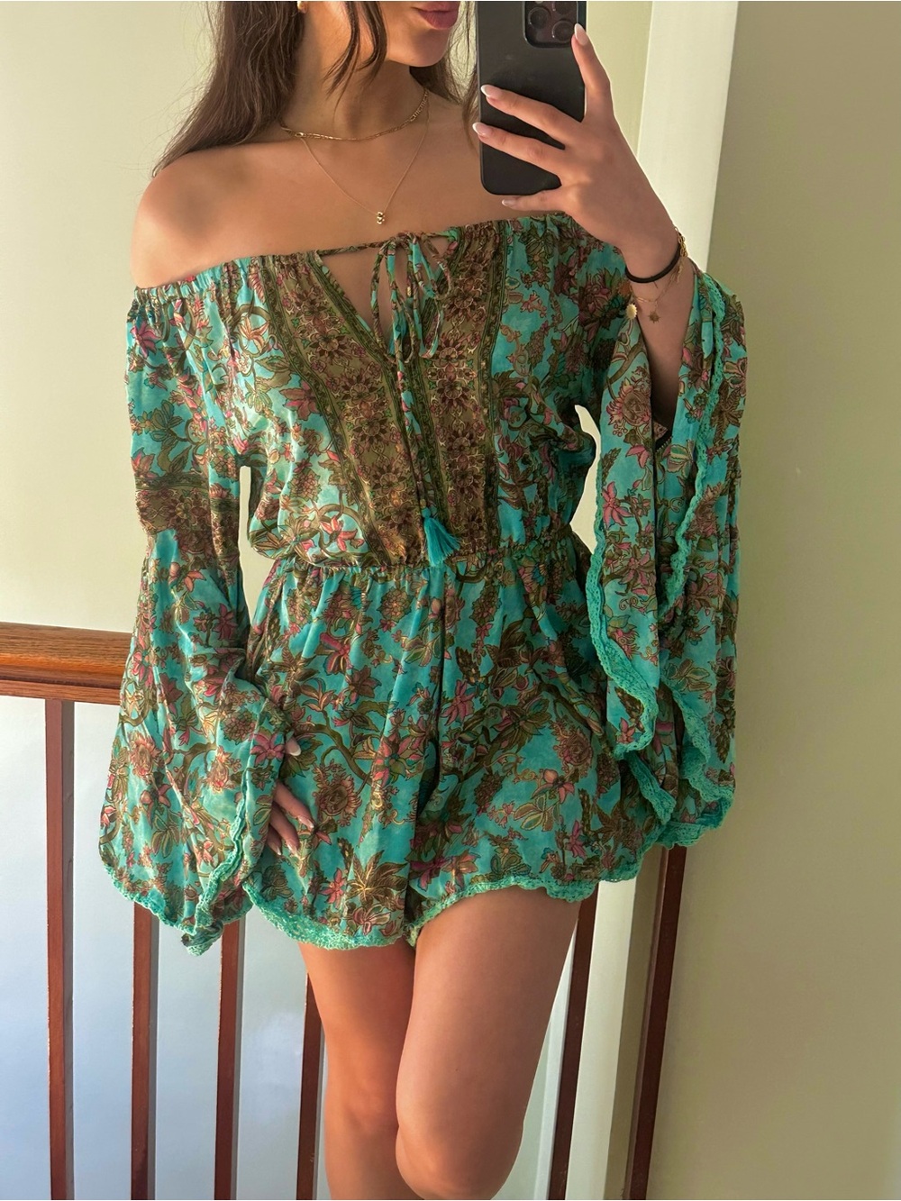 Silk Off-Shoulder Boho Floral Romper in Teal and gold